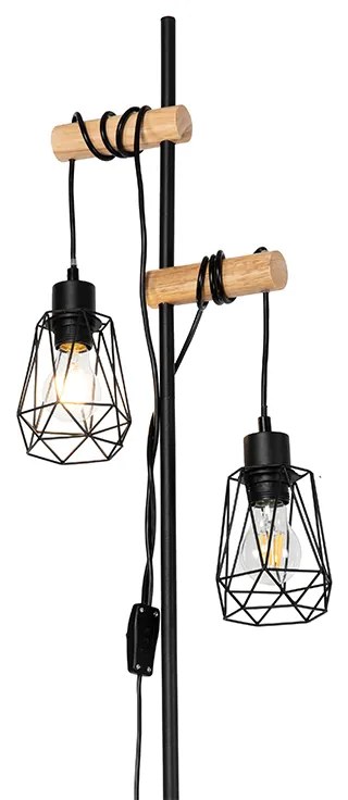 Rustikálna stojaca lampa čierna s drevom 2-svetlo s tienidlom - Dami Frame