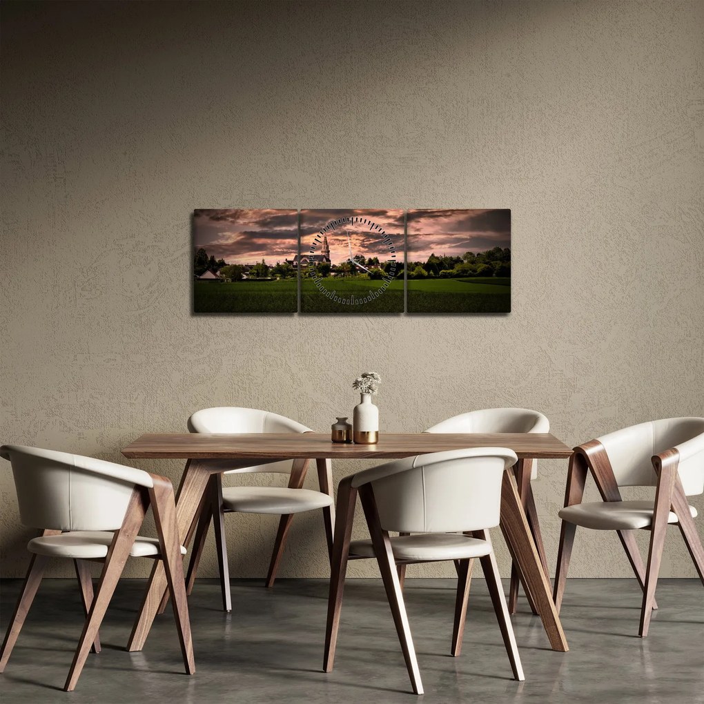 Obraz krajiny s kostolom (s hodinami) (90x30 cm)