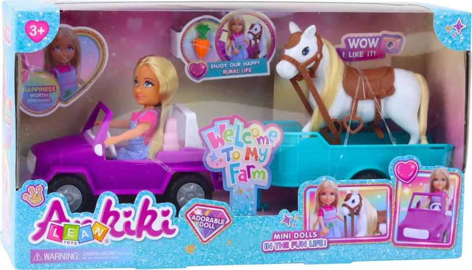 LEAN Toys Súprava bábiky Ankiki kabriolet s prívesom a koňom