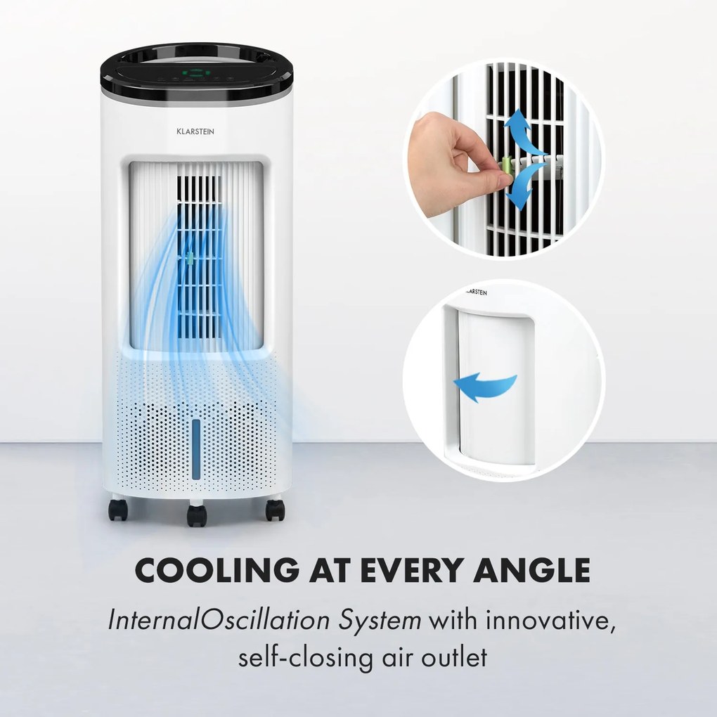 Klarstein IceWind Plus, 4 v 1 ochladzovač vzduchu, ventilátor, zvlhčovač vzduchu, čistička vzduchu, ionizátor, 65 W, 330 m³/h, 7 l, 4 rýchlosti, oscilácia, časovač, diaľkový ovládač, mobilný