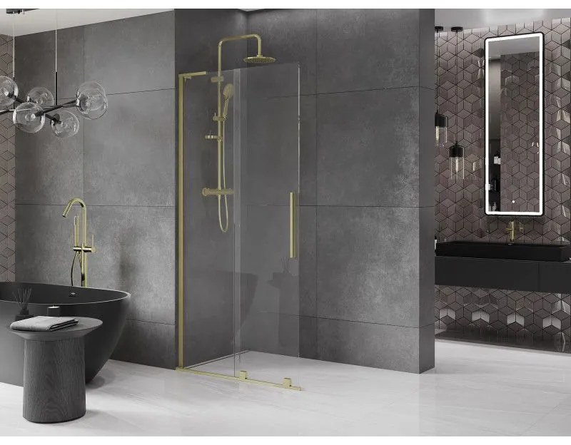 Mexen Velar L, posuvná sprchová zástena Walk-in 90 x 200 cm, 8mm číre sklo, zlatá matná, 871-090-003-03-55