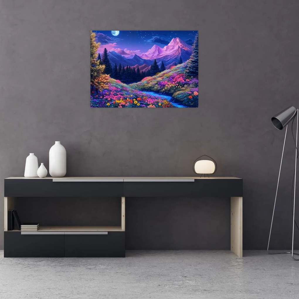 Sklenený obraz - Fialová krajina pri úplnku (70x50 cm)
