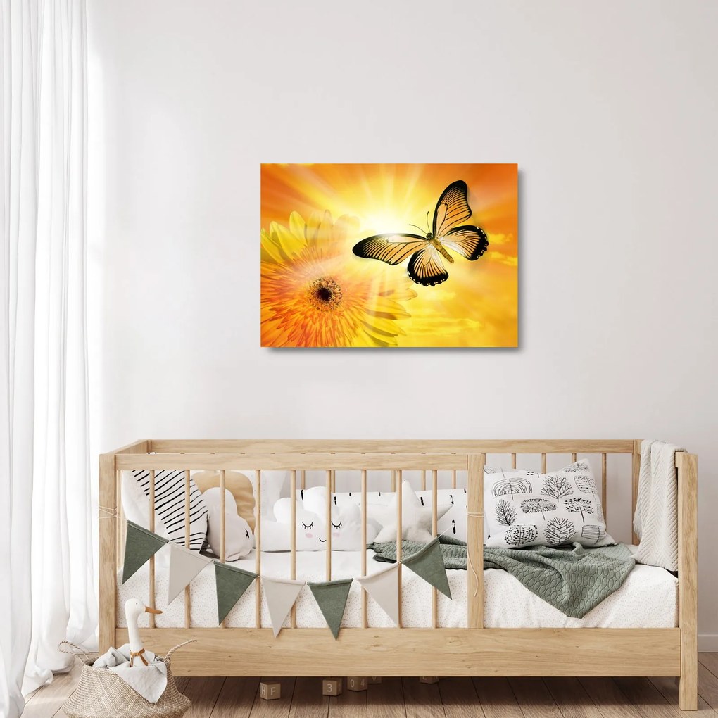 Sklenený obraz - Žltý motýľ s kvetom (70x50 cm)