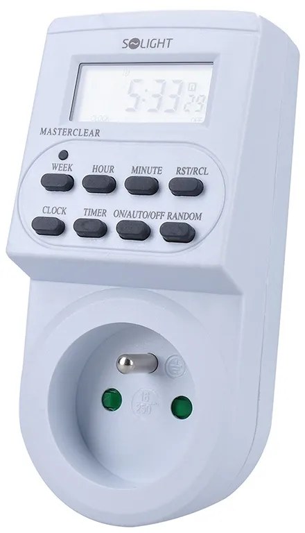 SOLIGHT Digitálny týždenný časový spínač 230V/16A, 1 zásuvka, biely