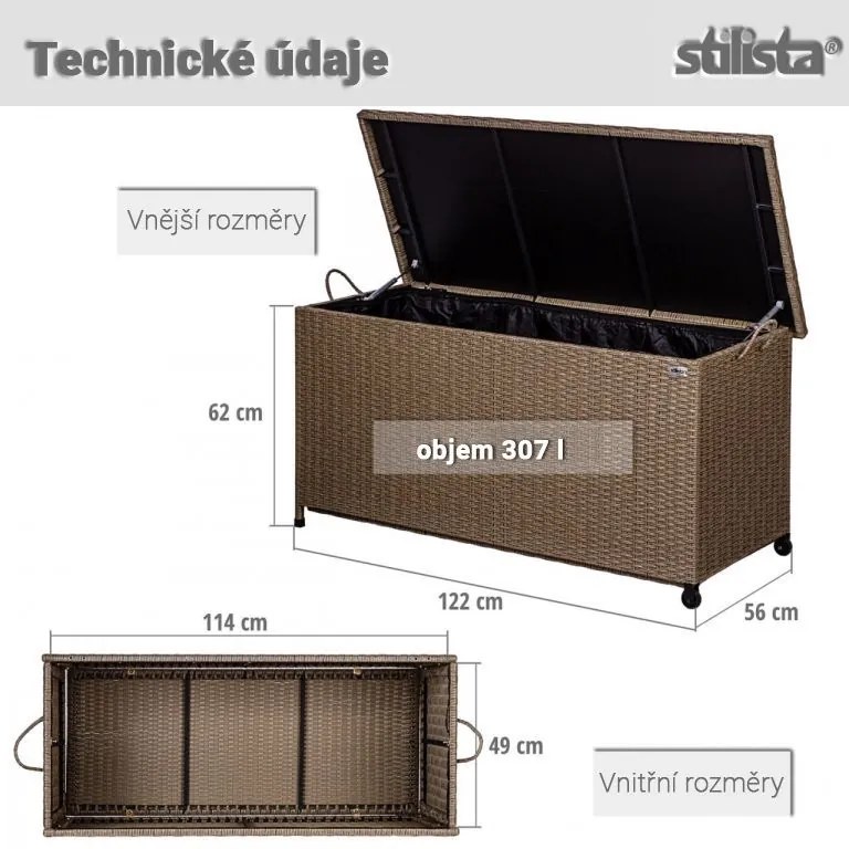 STILISTA Záhradný úložný box, sivý, 122 x 62 x 56 cm