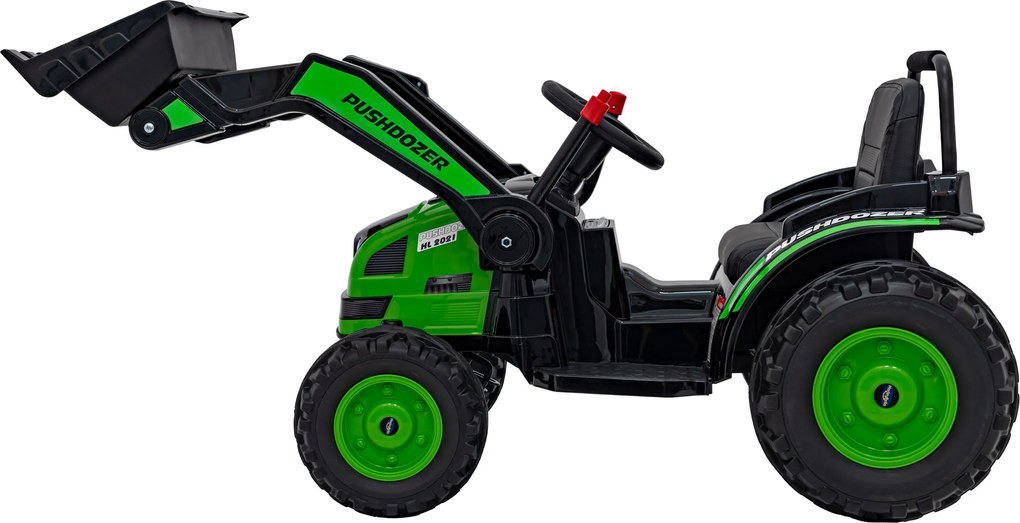 Ramiz Detský traktor na batérie Zelený + pohyblivé rameno s lyžicou + diaľkové ovládanie + pomalý štart + FM rádio + LED