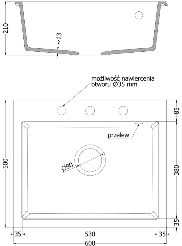 Mexen Eliz, 1-komorový granitový drez 600 x 500 mm, čierna/strieborná metalíza, chrómový sifón - 6525601005-73