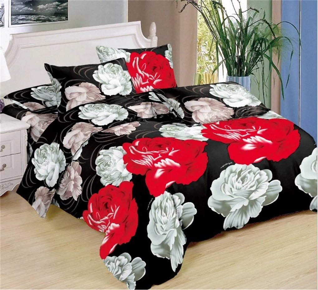 7-dílné povlečení růže bavlna/mikrovlákno černá červená šedá 140x200 na dvě postele