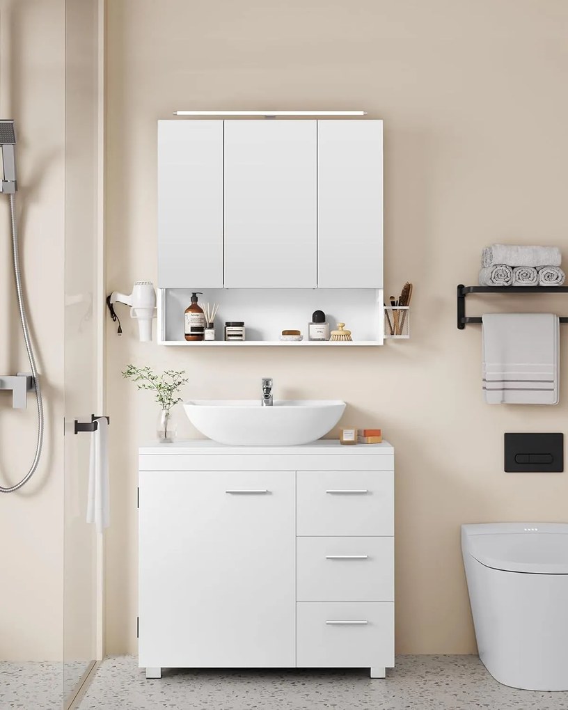 Kúpeľňová skrinka pod umývadlo, 3 zásuvky, 2 priehradky, 30 x 70 x 64 cm, oblá biela