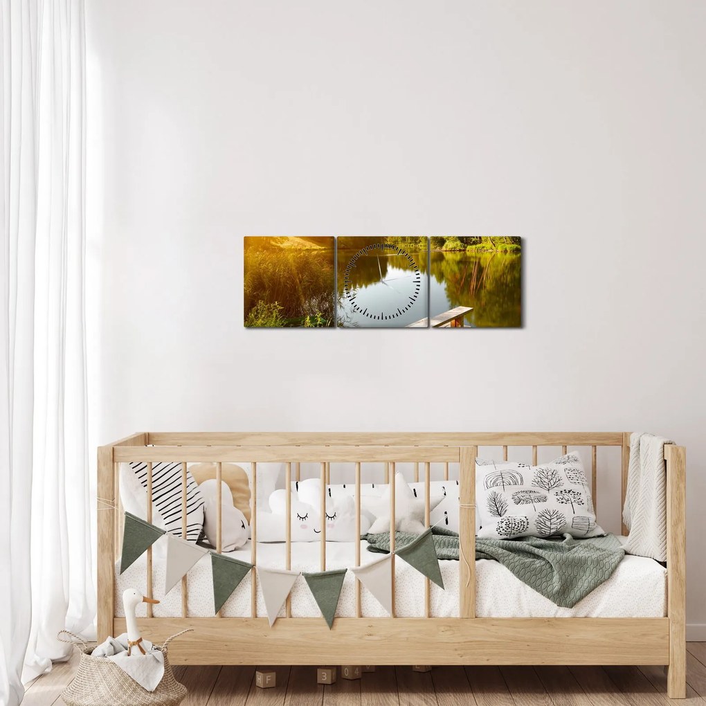 Obraz - Jazero pri lese (s hodinami) (90x30 cm)