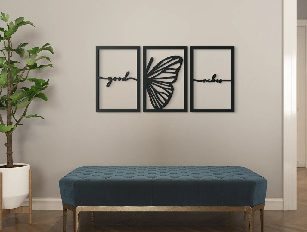 drevko 3-dielny obraz na stenu Good vibes Rozmer obrazu: 31 x 65 cm, Farba dekorácie: Čierna