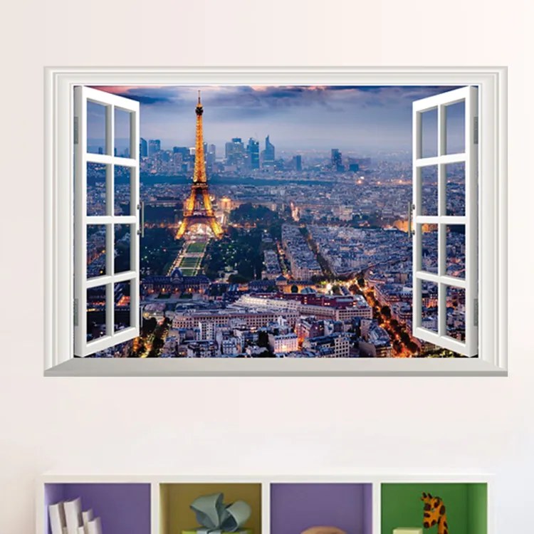 Veselá Stena Samolepka na stenu Okno s výhľadom na Paříž