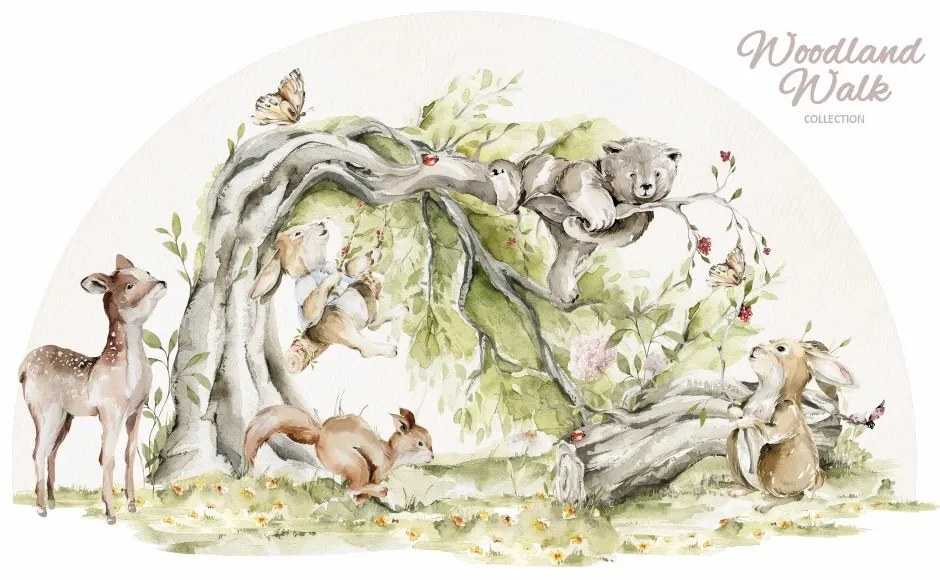 Gario Detská nálepka na stenu Woodland walk - veselé zvieratká pri strome Rozmery: 150 x 90 cm