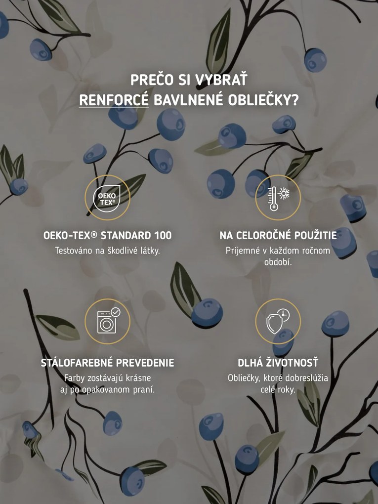 Bavlnené obliečky Renforcé - Čučoriedky prírodné 140 × 200 cm, 70 x 90 cm