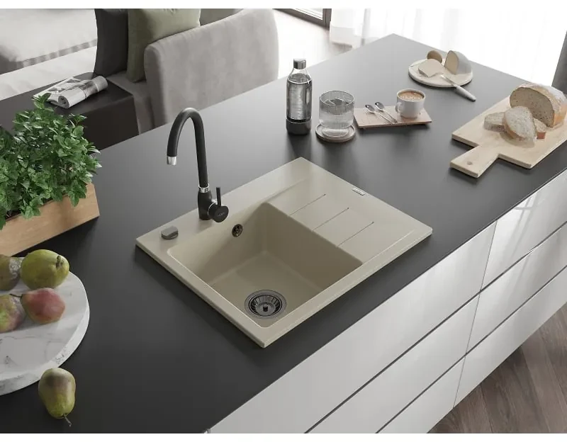 Mexen Ben, 1-komorový granitový drez 600x500x190 mm, ľavý + čierny sifón, béžová, 6522605000-69-B