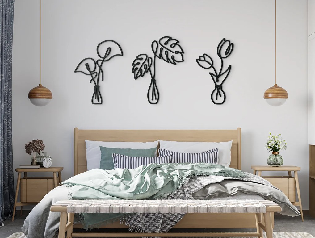 drevko Drevená nálepka Listy a kvety vo váze Rozmer obrazu: 28,5 x 65 cm, Farba dekorácie: Čierna