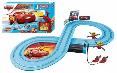 Conquest Autodráha Carrera First Autá/Cars 2,4m plast + 2 autá na batérie v krabici 50x30x8cm