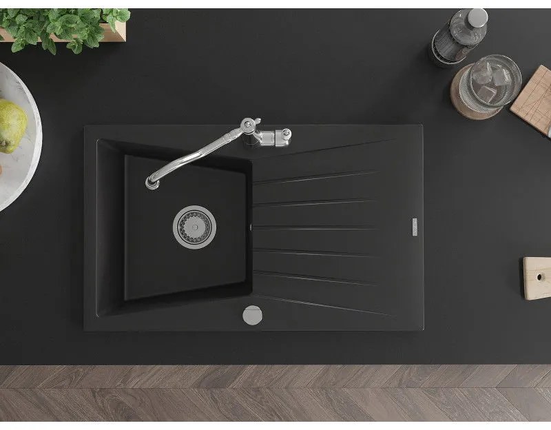 Mexen Cesar, 1-komorový granitový drez 775x470x190 mm a drezová batéria Carla, čierna, 6514-77-670700-00