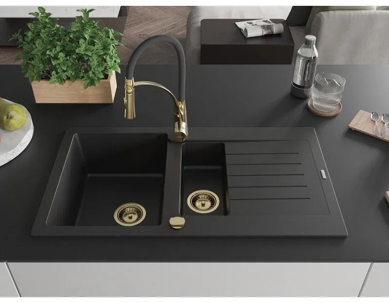Mexen Matias, granitový drez 900x505x200 mm, 1,5-komorový a drezová batéria Aster, čierna, 6502-77-73450-57-G