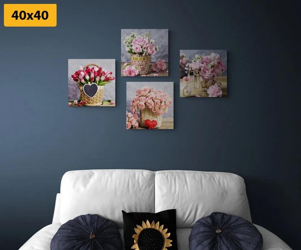 Set obrazov kytice kvetov vo vintage prevedení - 4x 60x60
