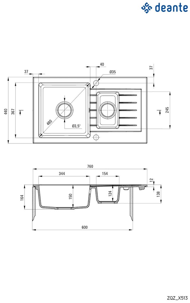 Deante Zorba, granitový drez 760x440x164 mm Z/O, 3,5" + priestorovo úsporný sifón, 1,5-komorový, grafitová metalíza, ZQZ_G513