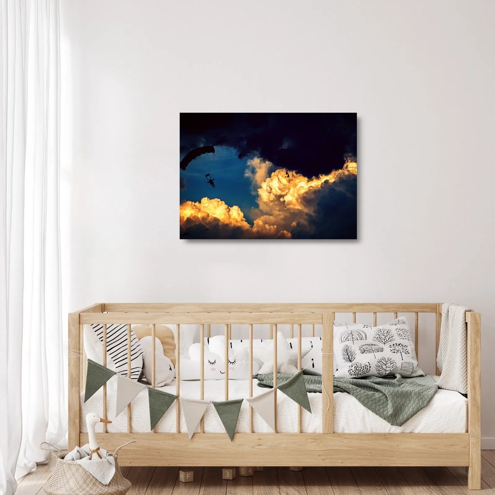Sklenený obraz parašutistu v oblakoch (70x50 cm)