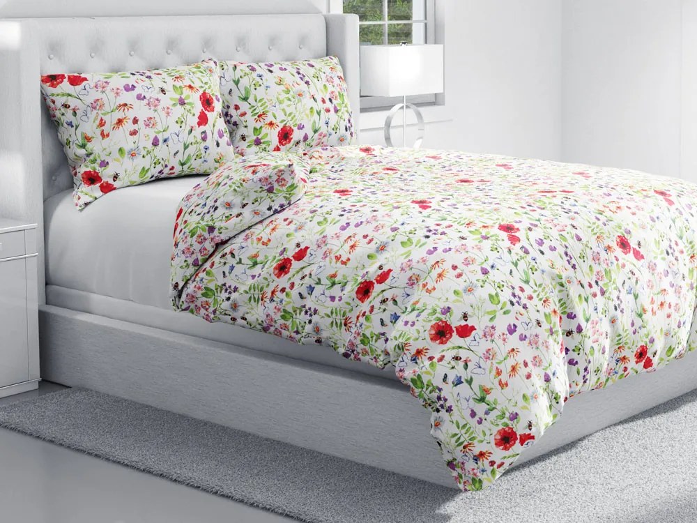 Biante Bavlnené posteľné obliečky Sandra SA-608 Červeno-fialové lúčne kvety s motýlikmi a čmeliakmi na bielom Jednolôžko 140x200 a 70x90 cm