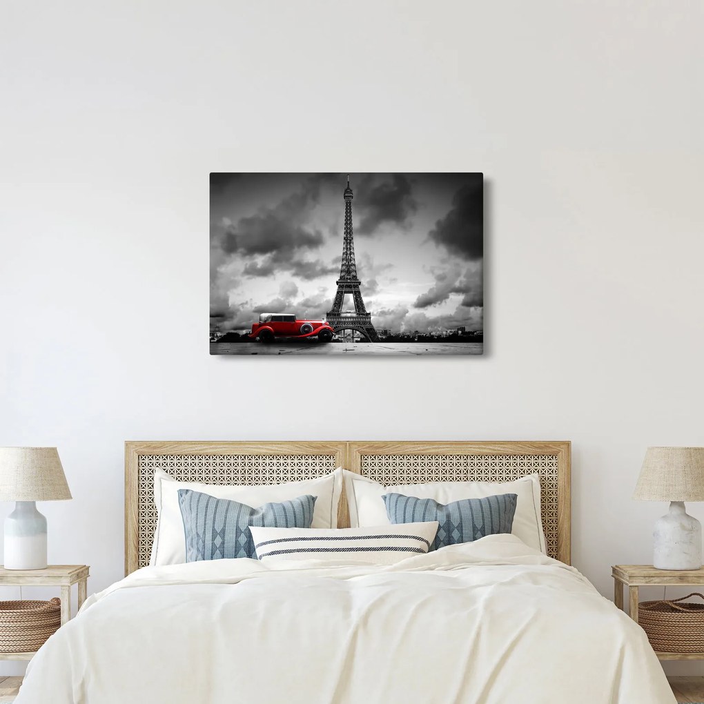 Obraz - Eiffelova veža a červené auto (90x60 cm)