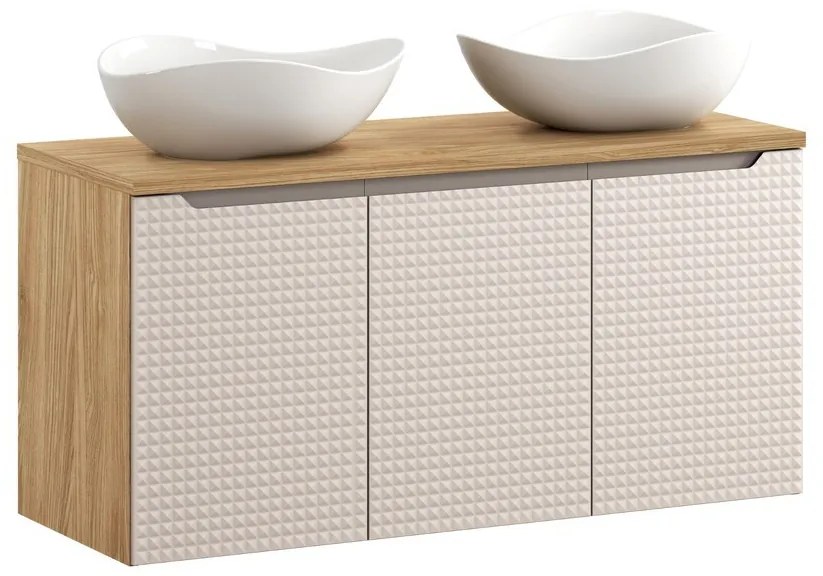 Závesná skrinka Luxor béžová s doskou a umývadlami 120 cm dub olejovaný/béžová