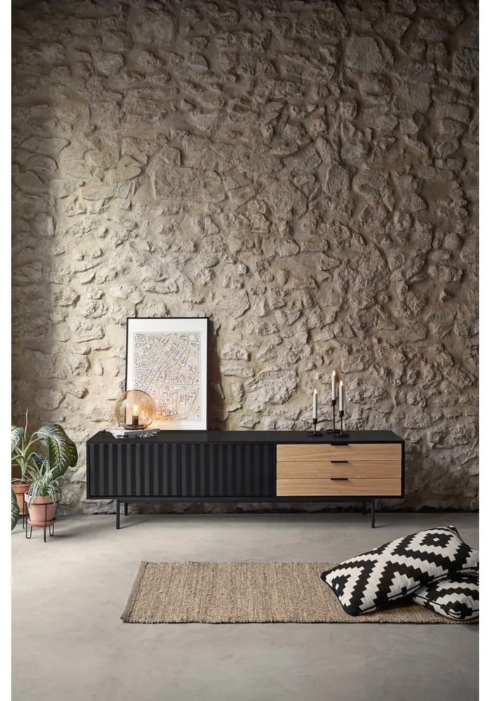 TV stolík v dekore duba v čierno-prírodnej farbe 180x52 cm Sierra – Teulat
