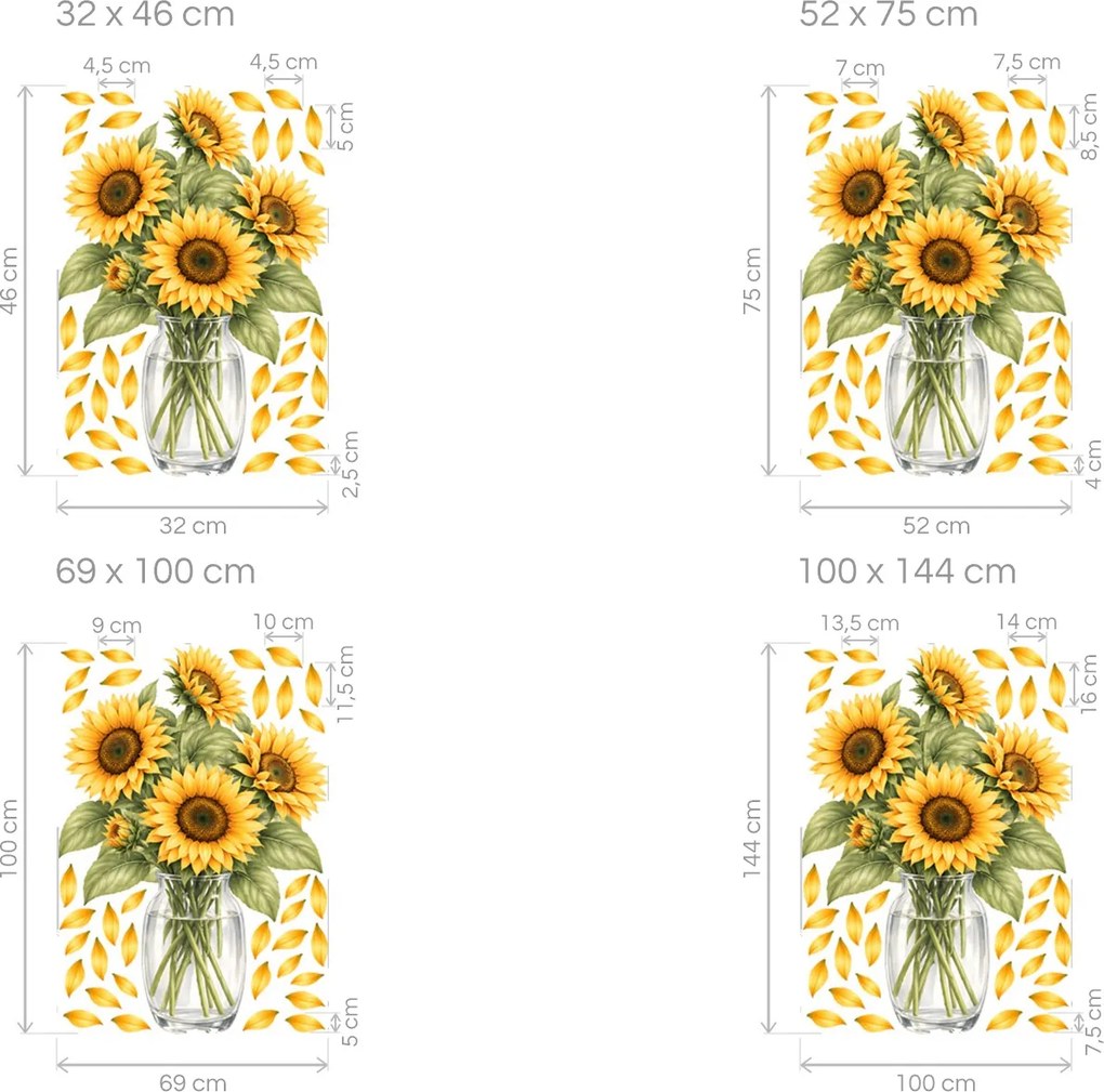 Slnečnice vo váze textilné znovu prilepiteľné nálepky na stenu arch 32 x 46 cm