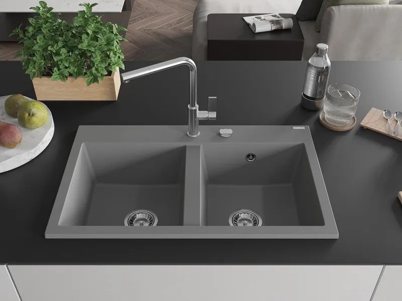 Mexen Hektor žulový drez 2-komorový 800 x 480 mm, sivý, sifón chróm - 6521802000-71