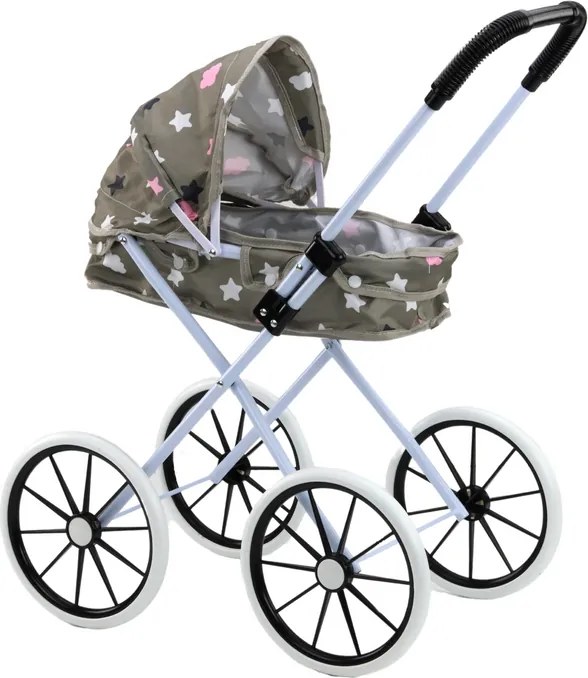 LEAN Toys Kočík pre bábiky veľké kolesá skladací hviezdy oblaky sivý 60 cm