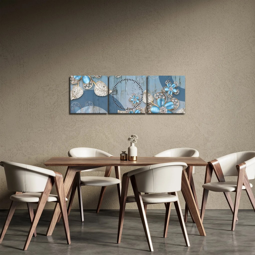 Obraz - Modré kvety (s hodinami) (90x30 cm)