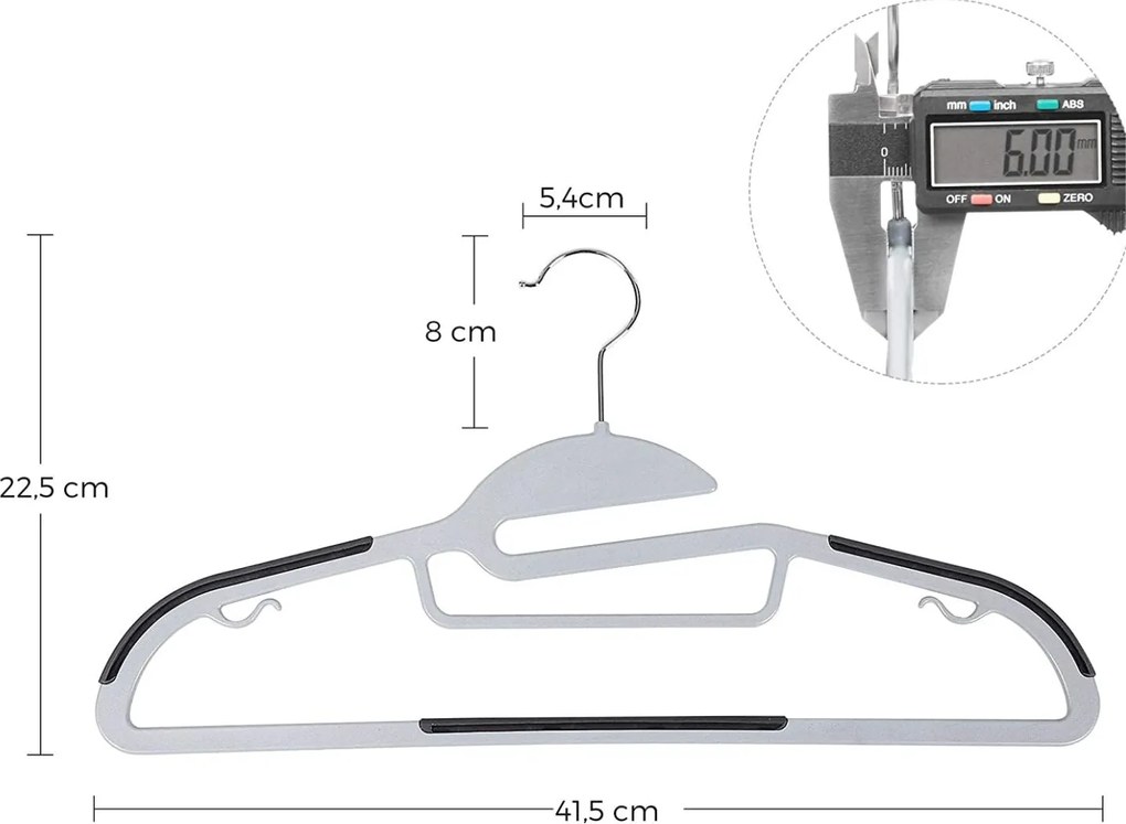 Plastové vešiaky na šaty, odolné, protišmykové, 50 ks, šedé