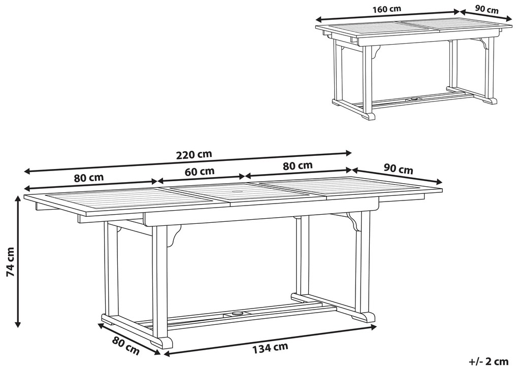 Záhradný rozkladací stôl z akáciového dreva 160/220 x 90 cm tmavé drevo AMANTEA Beliani