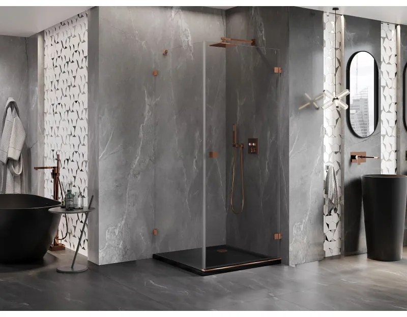 Mexen Lunar-B, pravostranný výklopný sprchový kút 90 x 90 cm, 8mm číre sklo, profil ružové zlato, 832-090-090-60-00-P