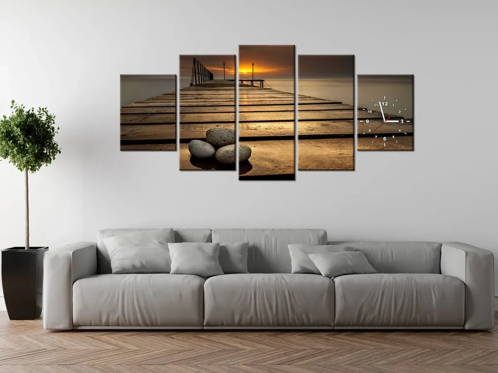 Gario Obraz s hodinami Nádherné ráno pri móle - 5 dielny Rozmery: 150 x 70 cm
