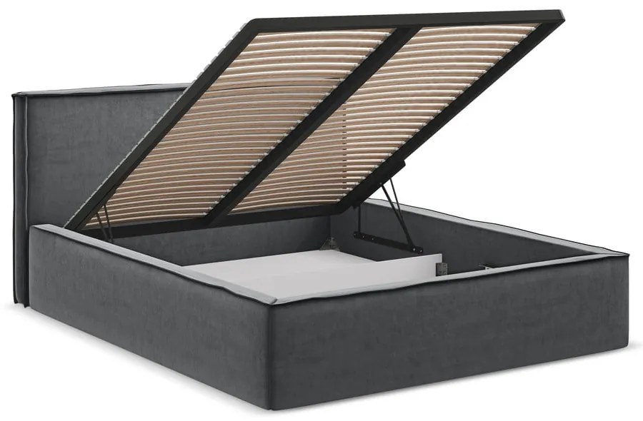 Tmavosivá čalúnená dvojlôžková posteľ s úložným priestorom s roštom 180x200 cm Anani – Makamii