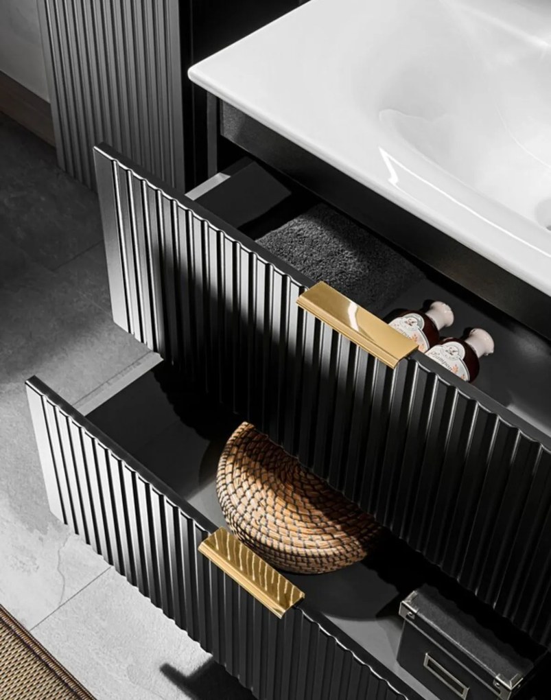 Kúpeľňová skrinka pod umývadlo s doskou 80 cm ADEL, drážkovaná čierna (SET -ADB B 80 CM)