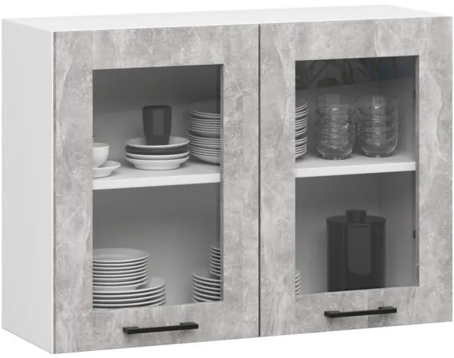 Rohová kuchynská linka OLIVIA 3 m s vitrínou betón