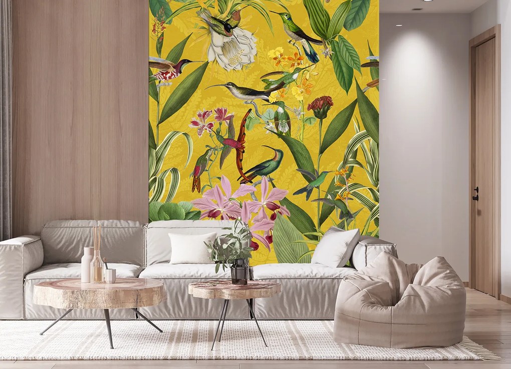 Gario Fototapeta Vtáky a listy na žltom pozadí - Andrea Haase Materiál: Vliesová, Rozmery: 150 x 210 cm