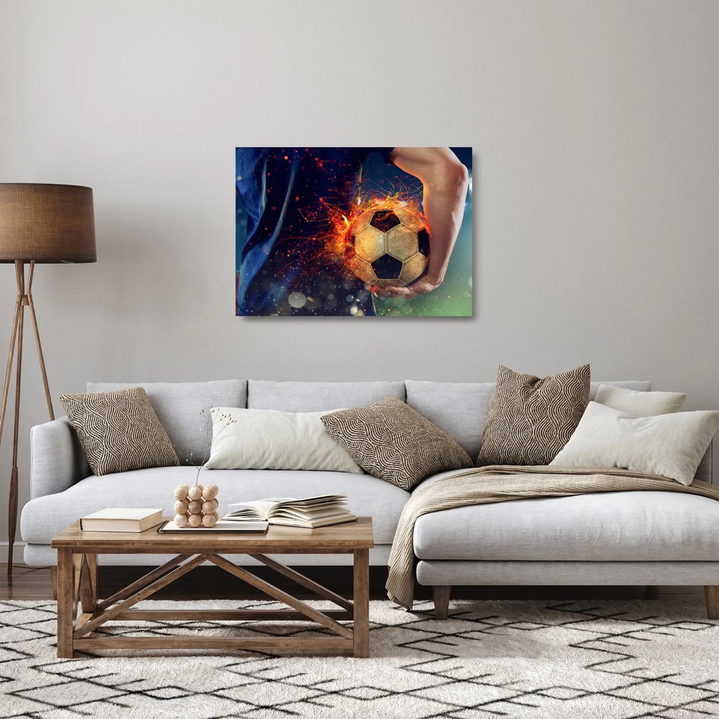 Sklenený obraz - Futbalová lopta v ohni (70x50 cm)