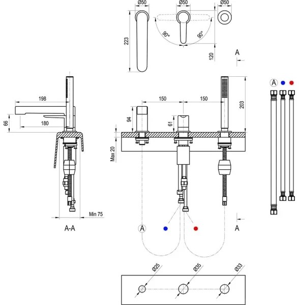 Ravak X070186 - 3-otvorová vaňová batéria PURI čierna