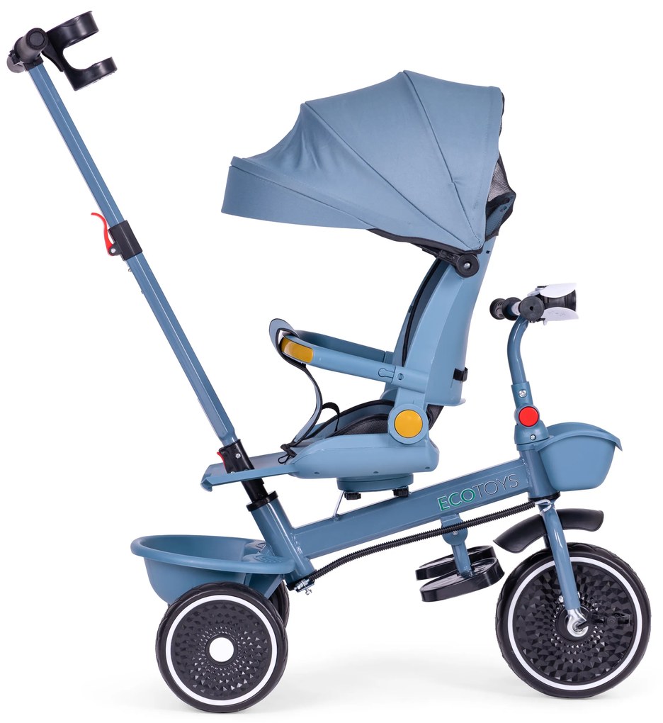 ECOTOYS Trojkolka/ kočík, 2v1, s otočným sedadlom a sklopnou strieškou, modrá