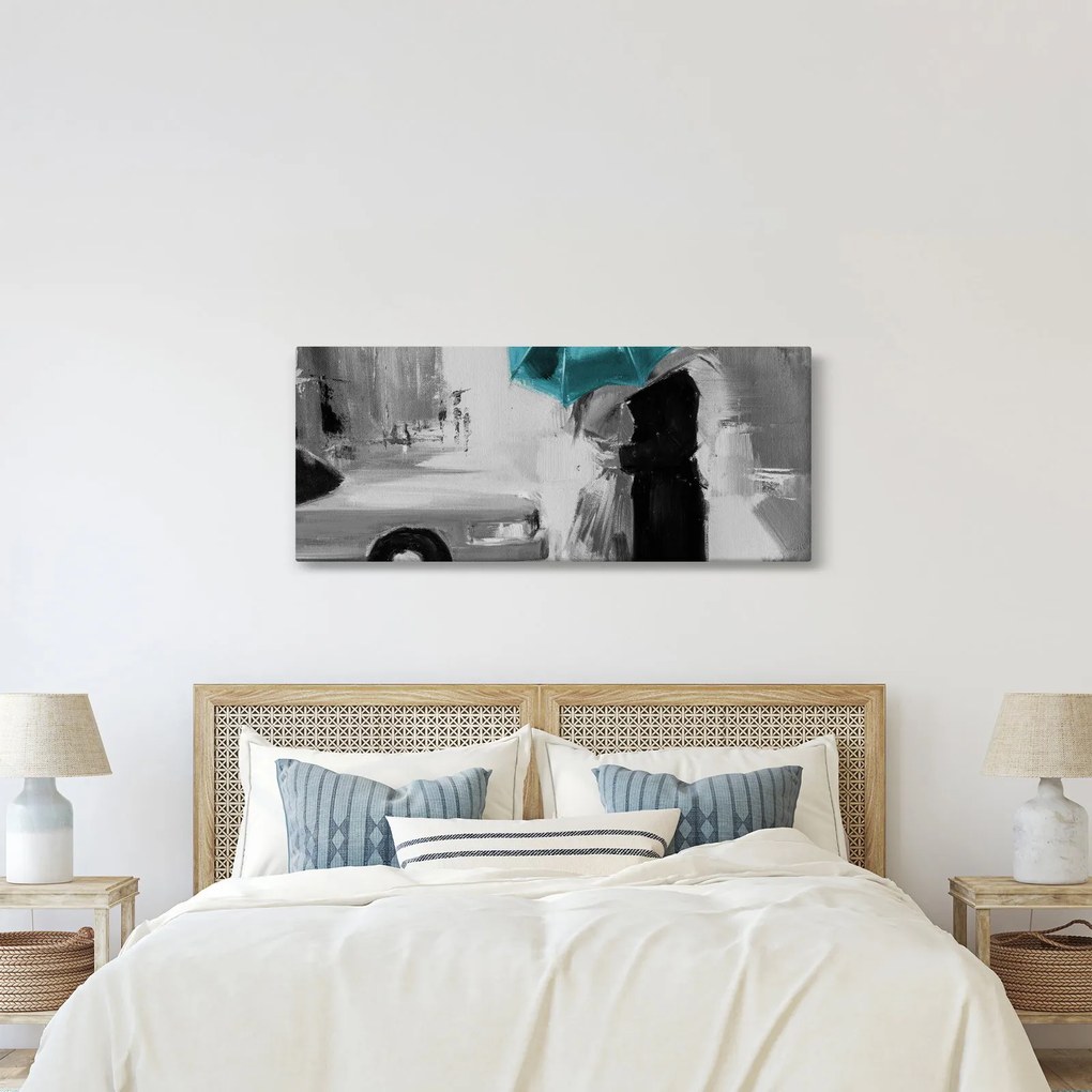 Obraz - Zamilovaný pár s dáždnikom, modrý (120x50 cm)