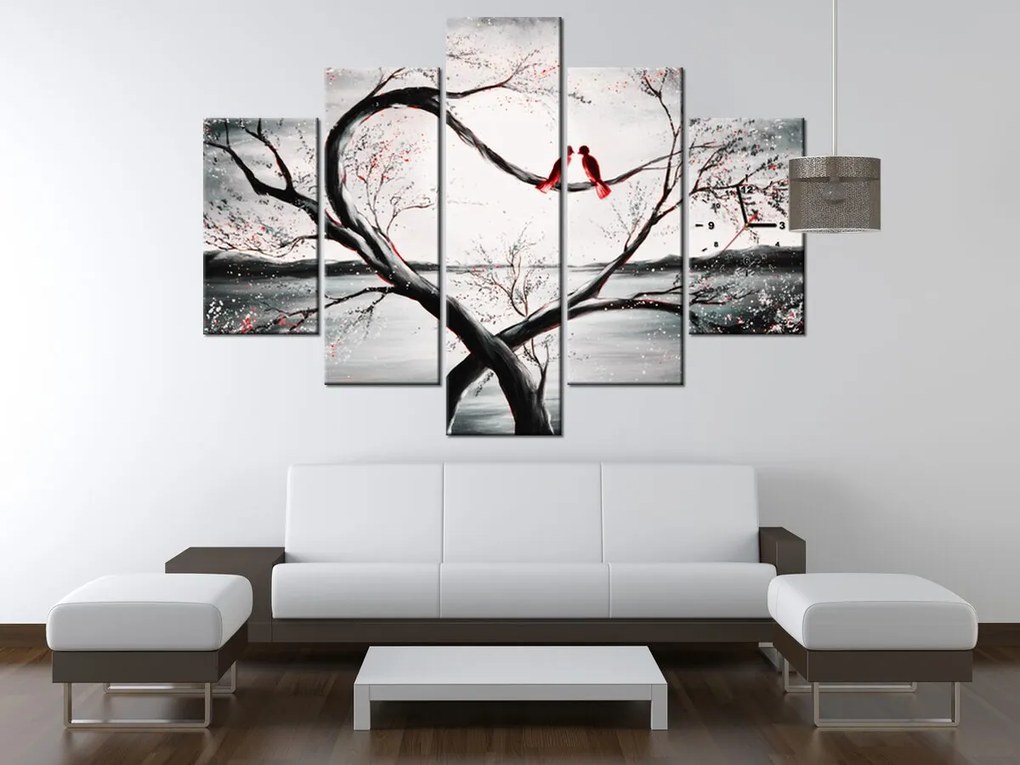Gario Obraz s hodinami Vtáčia láska - 5 dielny Rozmery: 150 x 105 cm
