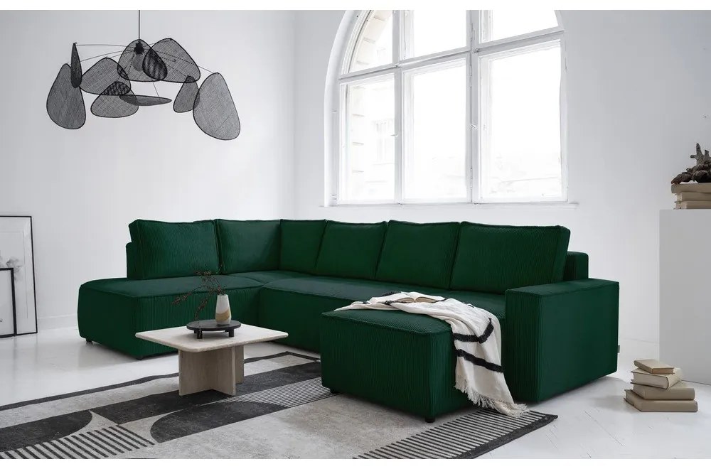 Tmavozelená menčestrová rozkladacia rohová pohovka (ľavý roh/do tvaru "U") Brave Dave – Miuform