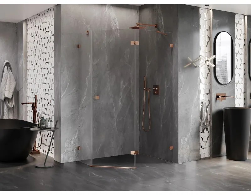 Mexen Lunar, pravý výklopný päťuholníkový sprchový kút 100 x 90 cm, 8mm číre sklo, profil ružové zlato, 831-100P-090L-60-00-P