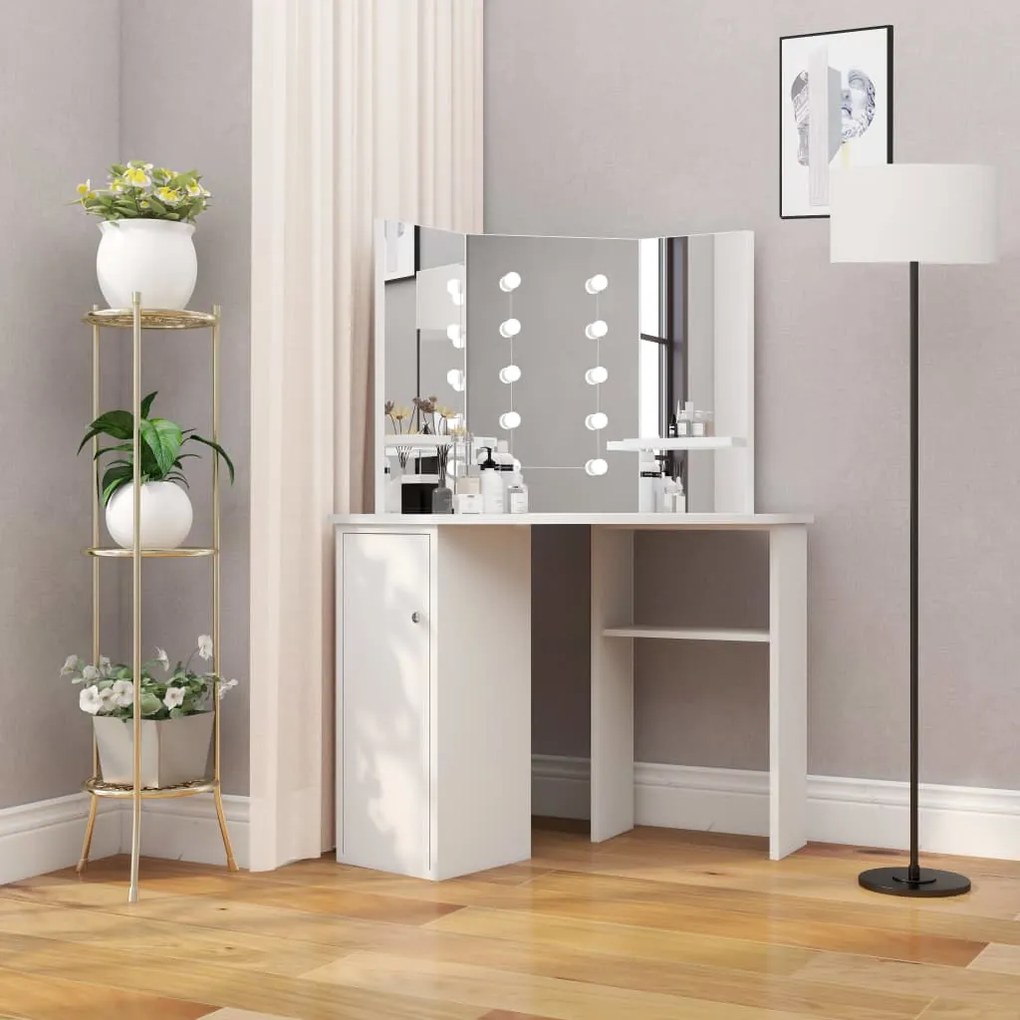 vidaXL Rohový toaletný stolík make-up stolík s LED osvetlením biely